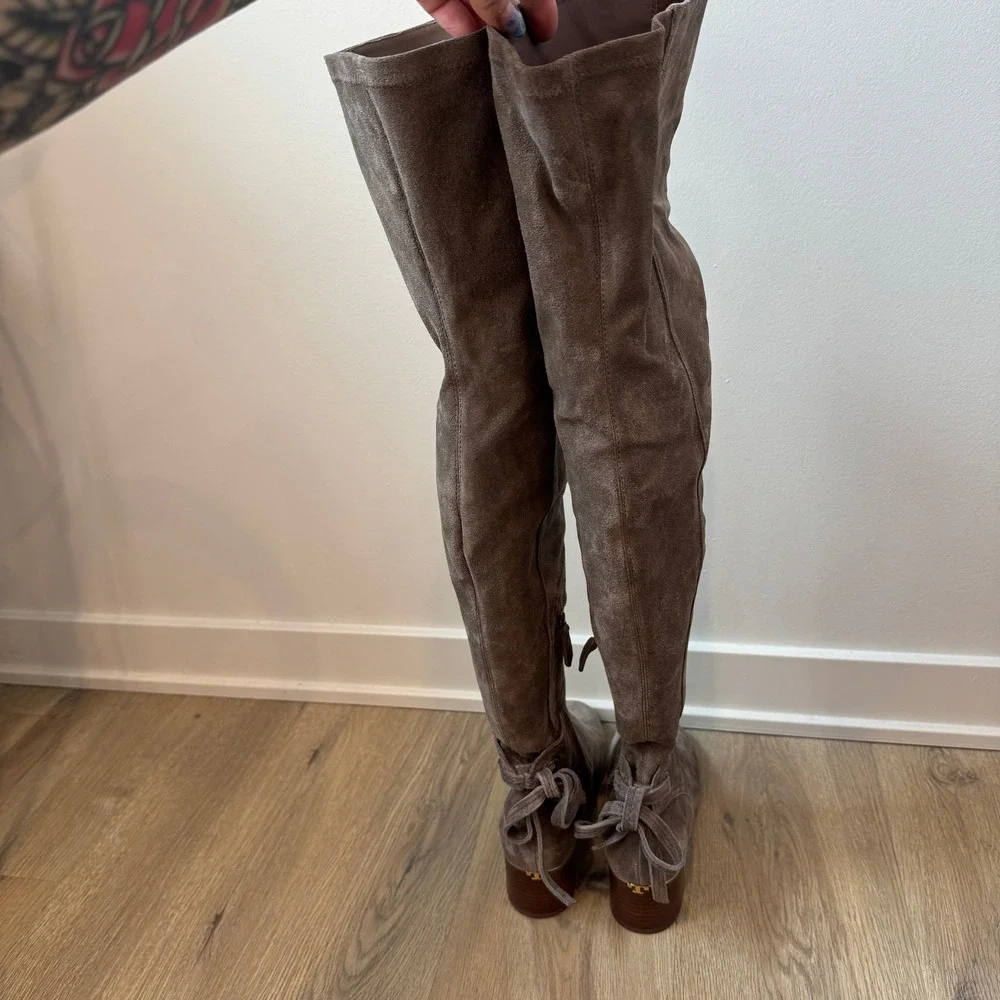 Tory Burch Laila Suede Over-The-Knee Boots Gray Suede Designer Logo Bows 8.5 EUC